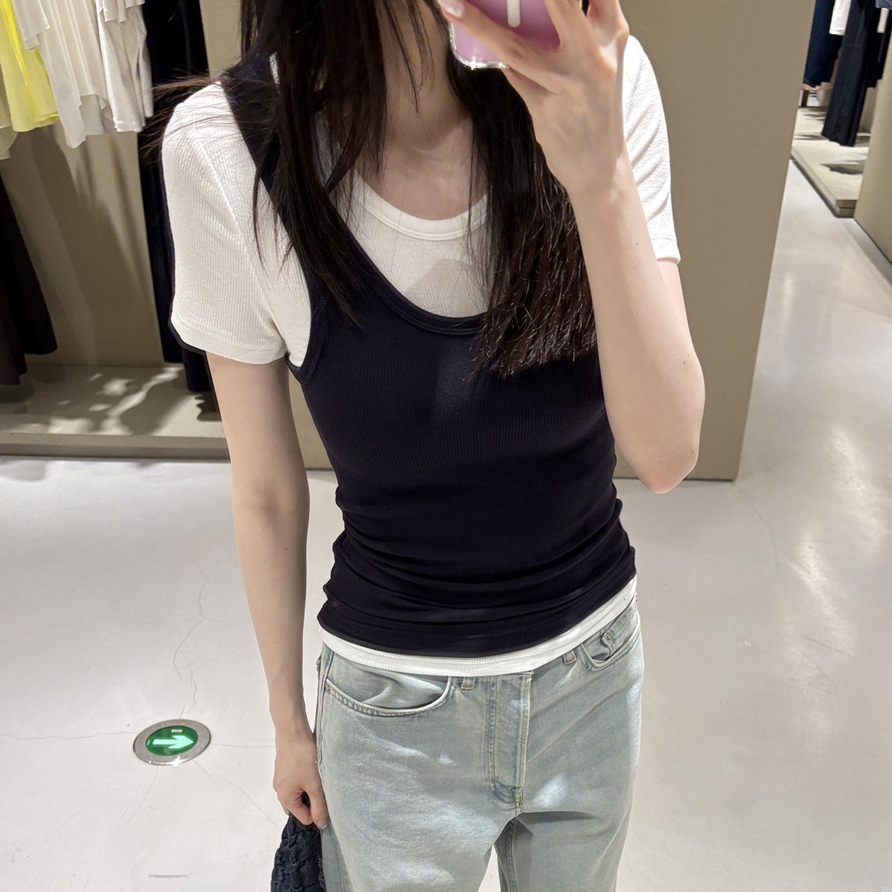 修身版型罗纹针织T恤藏青奶白色两件套26夏季新品 1340701002