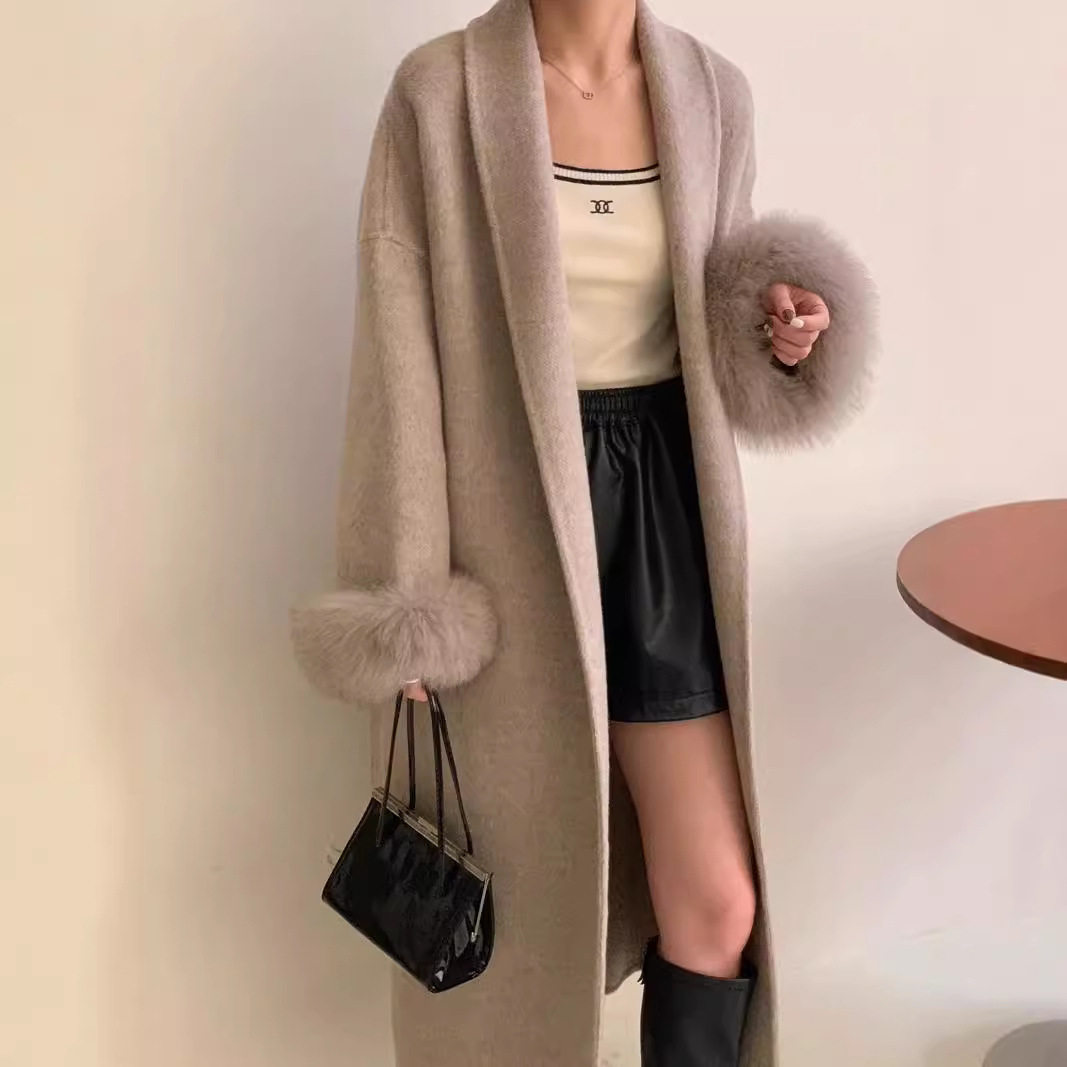 2026秋冬浴袍新款双面羊绒大衣女高级感袖口狐狸毛长款羊毛呢外套