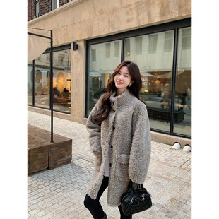 韩系立领100羊毛皮毛一体外套女软糯加厚中长款羊羔毛大衣26秋冬