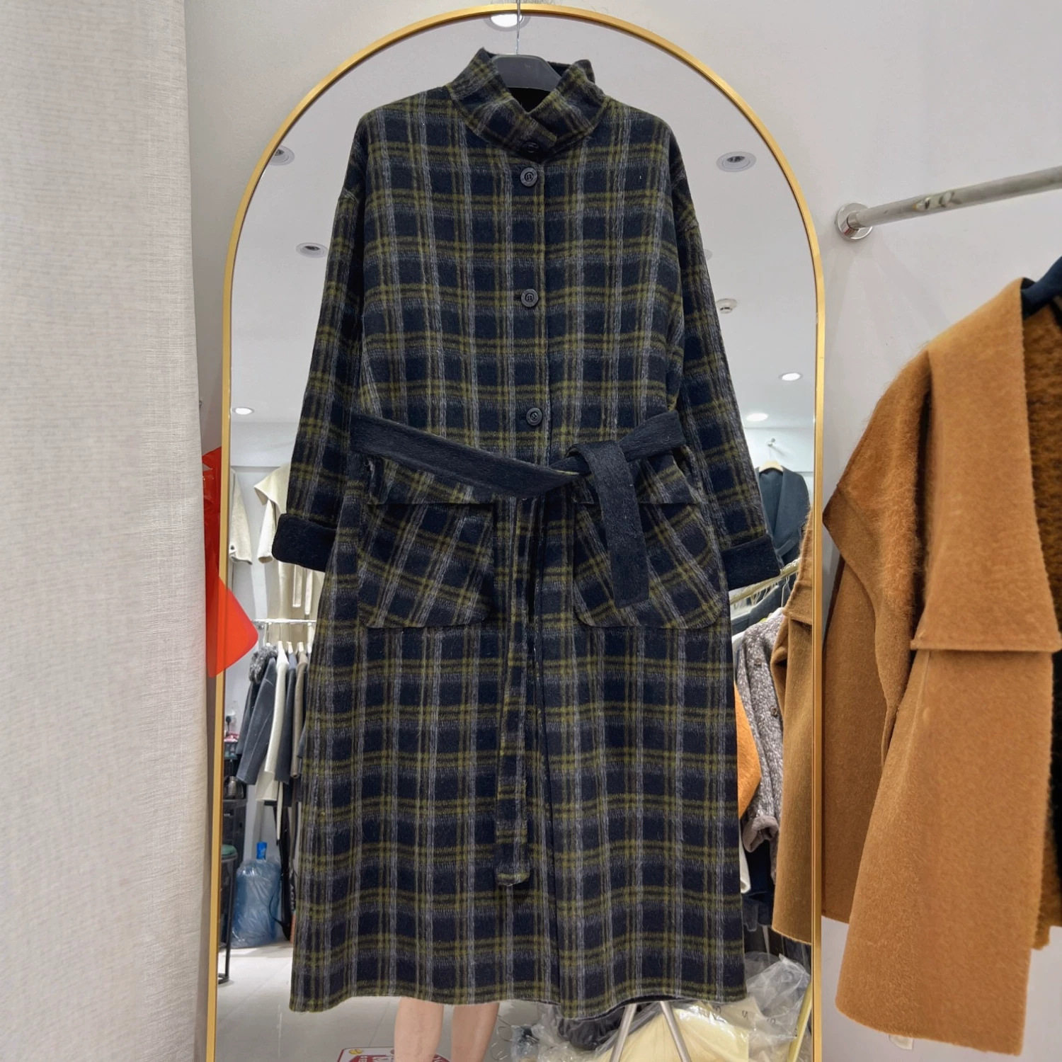 秋冬双面羊毛立领中长格纹大衣女