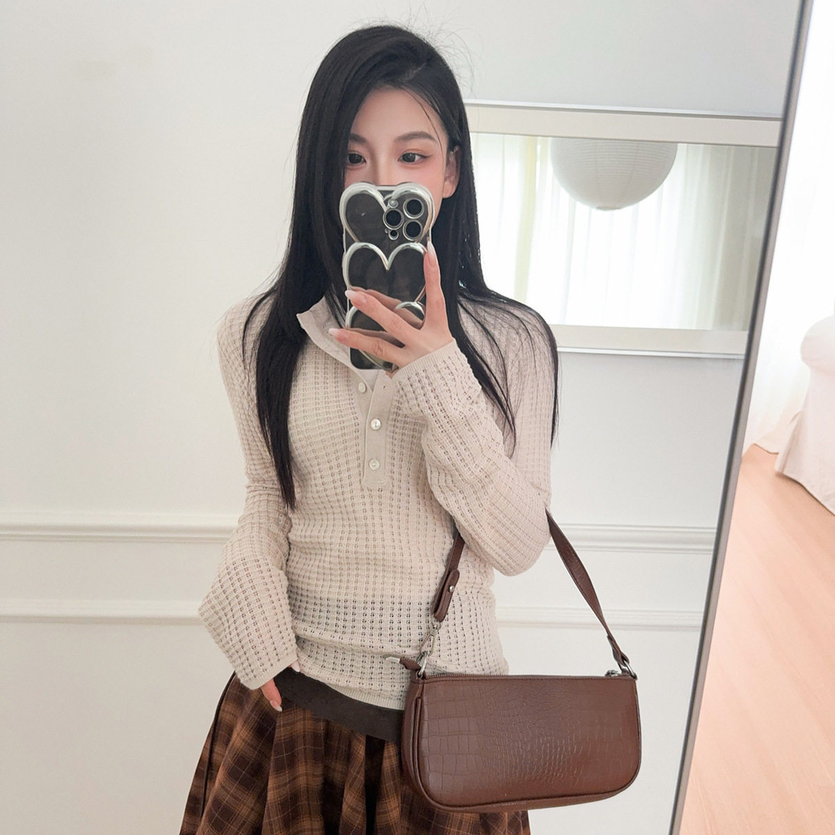 MD26早春新款休闲慵懒老钱风镂空亨利领长袖针织衫 05622532712