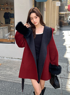 新年红色狐狸毛双面呢羊绒呢大衣小个子连帽毛呢外套女冬新娘结婚