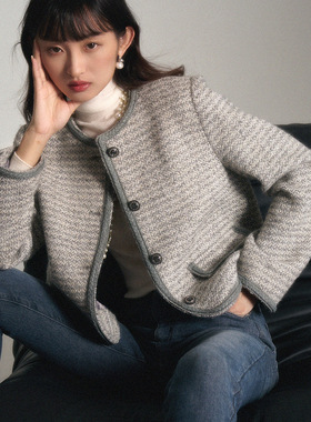 2026春新款法式复古名媛风高级感灰色羊毛小香风上衣外套女灰色