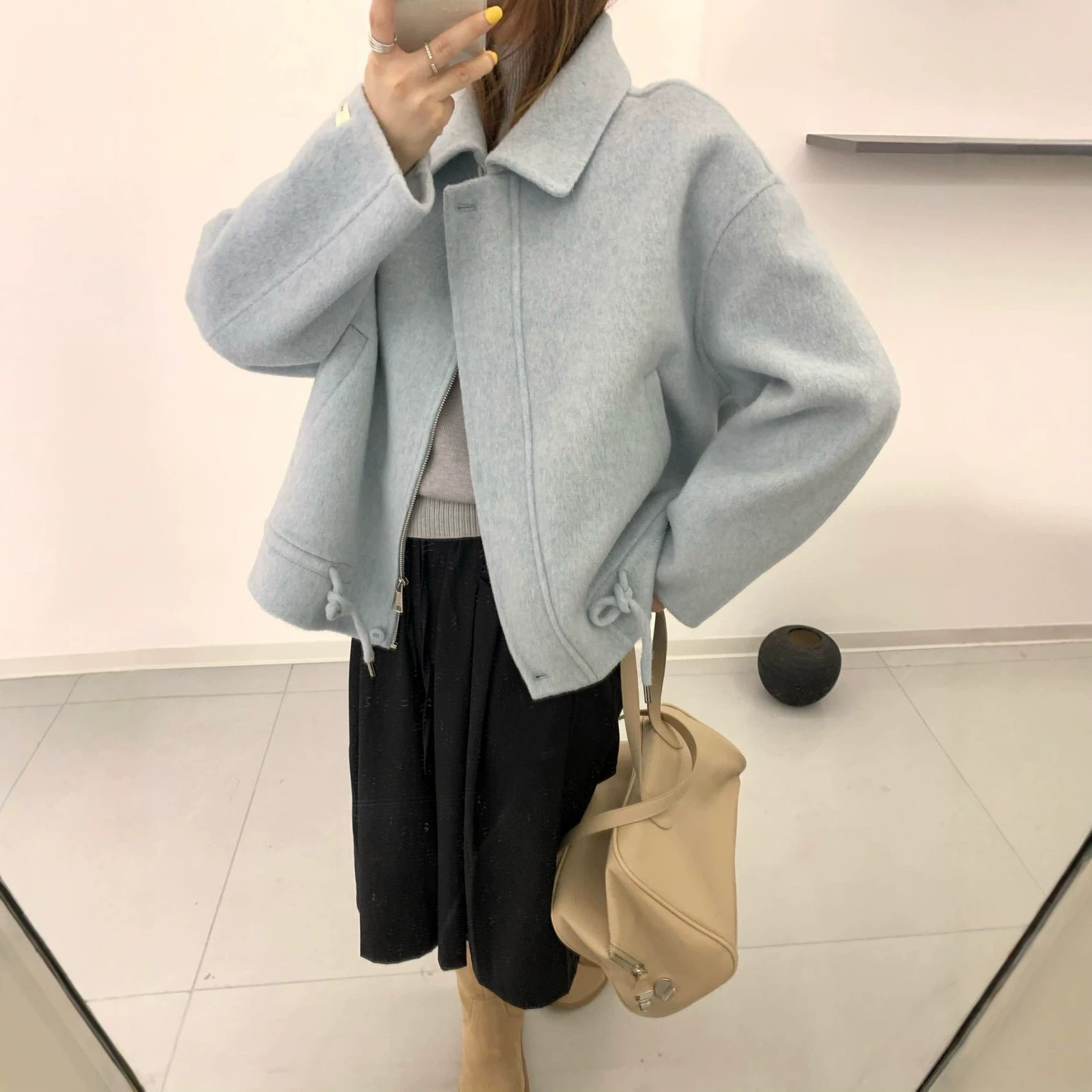 秋冬双面羊毛翻领拉链厚款外套女