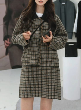 秋冬羊毛针织格纹女夹克迷你裙
