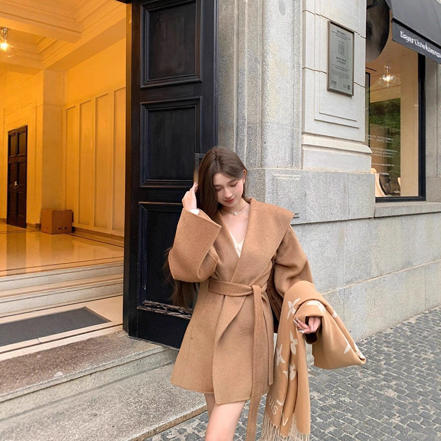 双面羊绒大衣驼色慵懒宽松连帽浴袍女中长款感韩版毛呢外套2026冬