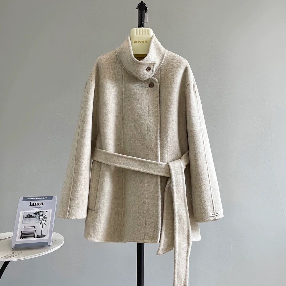 双面羊毛大衣立领绑收腰中长款