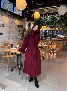 法式红色双面羊毛呢子大衣女2026秋季新款感收腰长款毛呢外套