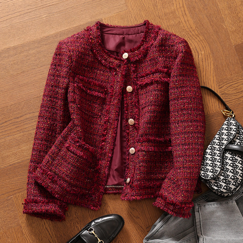 小香风外套女装2026春秋新款短款红色粗花呢秋款韩国气质百搭