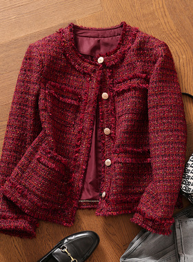 小香风外套女装2026春秋新款短款红色粗花呢秋款韩国气质百搭