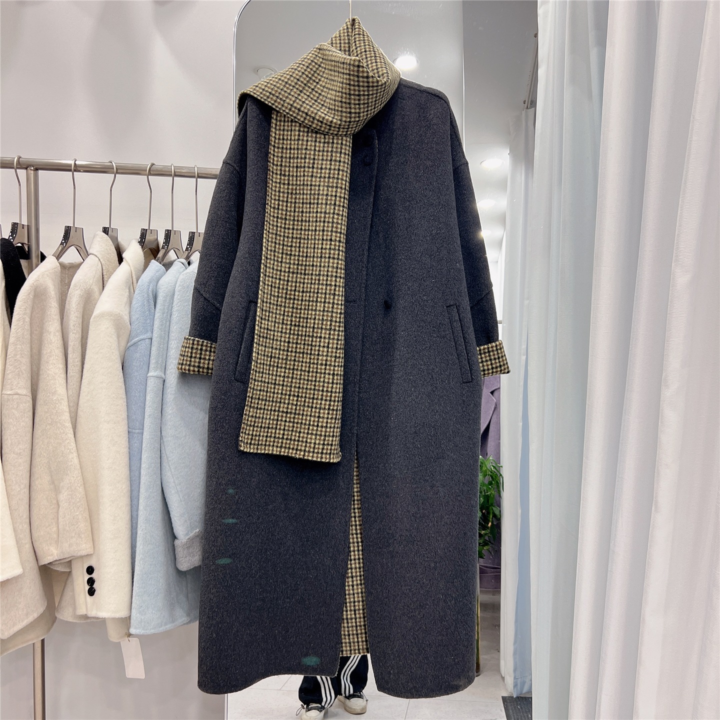 实拍 2025秋冬新款双面呢大衣女长款围巾款100羊毛呢保暖宽松外套