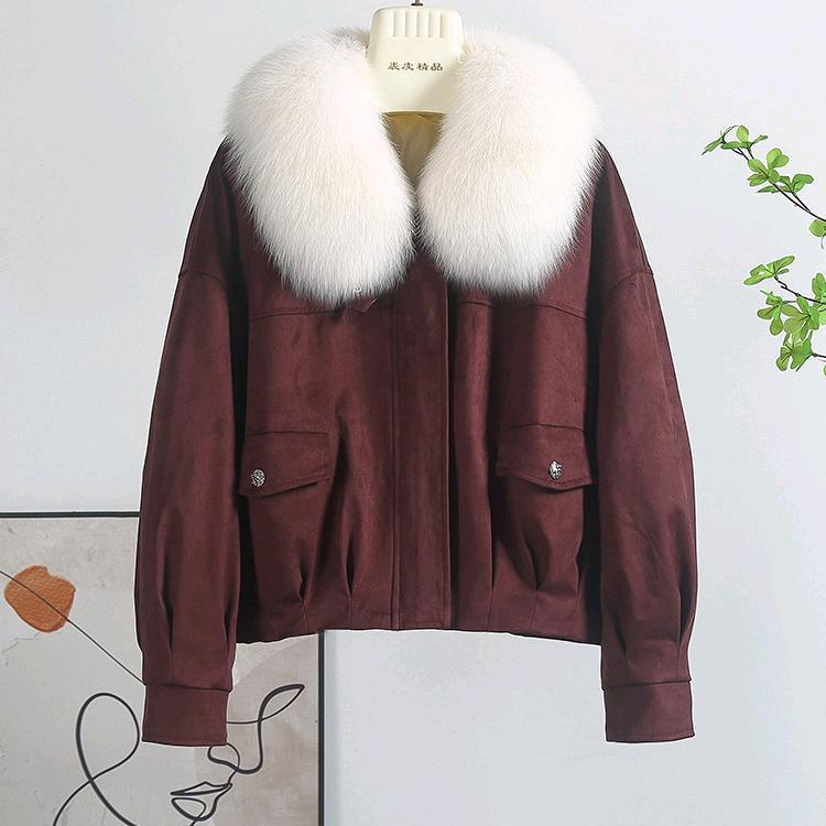 整皮狐狸毛领皮毛一体派克服女