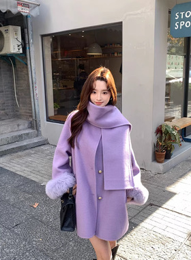 100羊毛围巾双面呢大衣紫色2026年冬狐狸毛袖毛呢外套女中长款