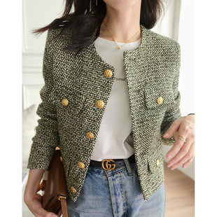 羊毛小香风外套女款 2026冬季新款 绿色粗花呢 无领毛呢外套短款