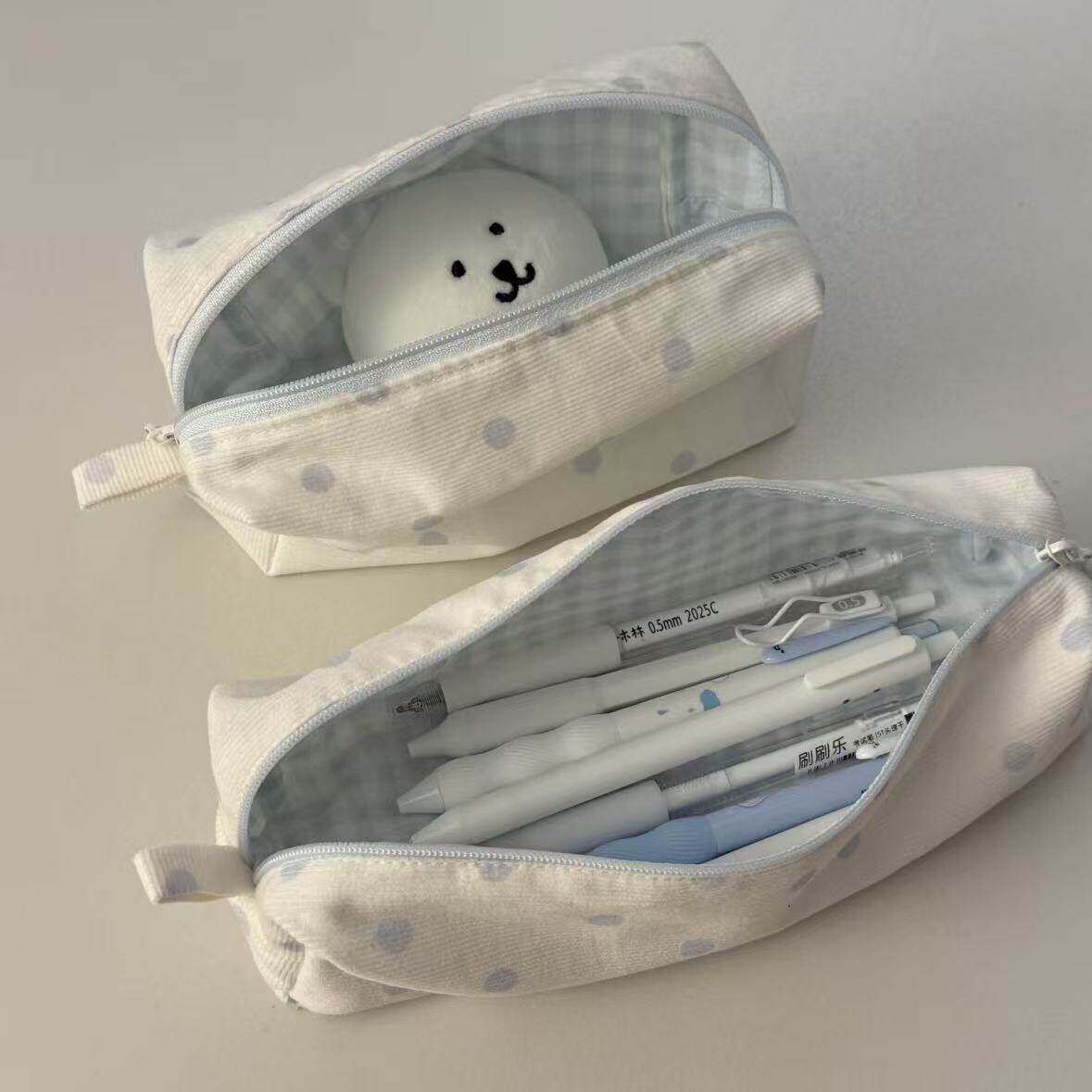 简约韩系ins风奶油白波点笔袋学生高颜值大容量文具收纳袋铅笔袋