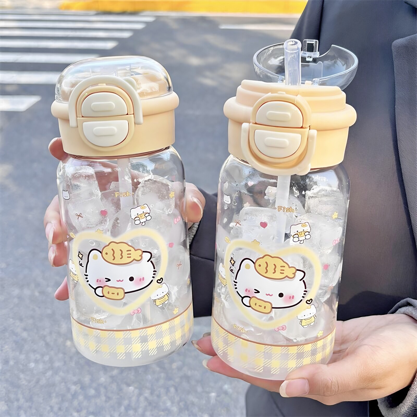 小猫高颜值水杯女生2026新款塑料学生吸管杯子夏日双饮透明ins风