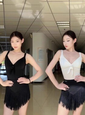 pinklady舞服拉丁舞服黑白蝴蝶结吊带三角流苏裙蓬蓬裙练功服套装