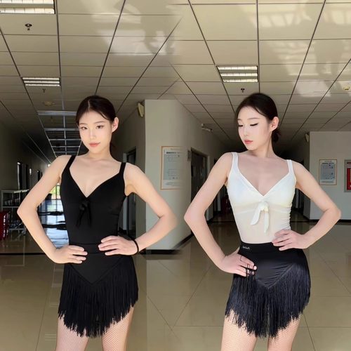 pinklady舞服拉丁舞服黑白蝴蝶结吊带三角流苏裙蓬蓬裙练功服套装