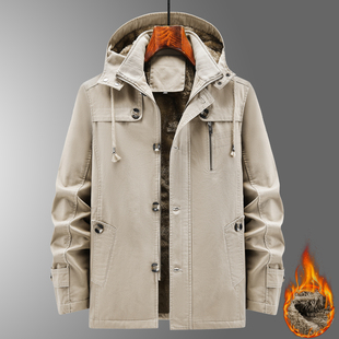 冬季中长款加绒加厚外套男装纯棉纽扣风衣秋冬款中年褂子休闲夹克