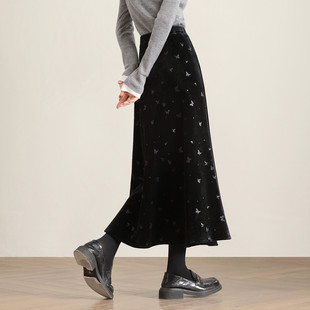 奥特莱斯大牌外贸清仓丝绒中长半身裙a字梨型身材小个子秋冬裙女