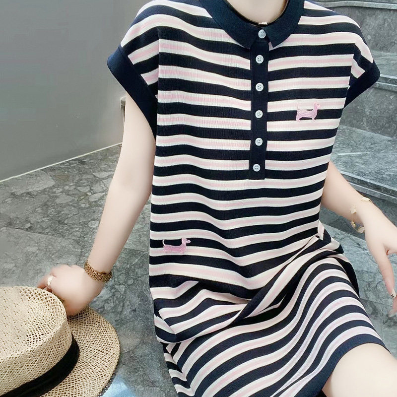 奥特莱斯大牌女装外贸清仓春夏高级感翻领条纹冰丝针织连衣裙短袖