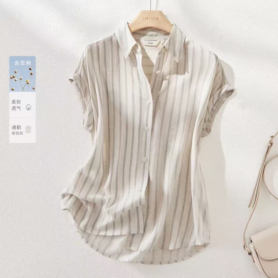 老钱风亚麻衬衫女夏条纹短袖衬衣