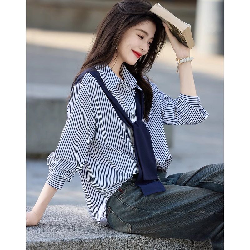 披肩装饰条纹衬衫女长袖通勤上衣
