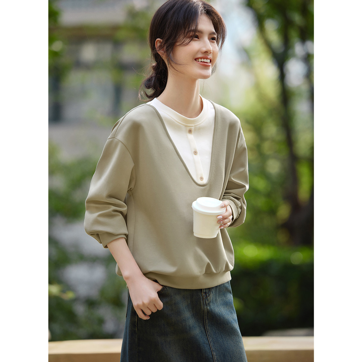 春秋装上衣简约撞色假两件卫衣女