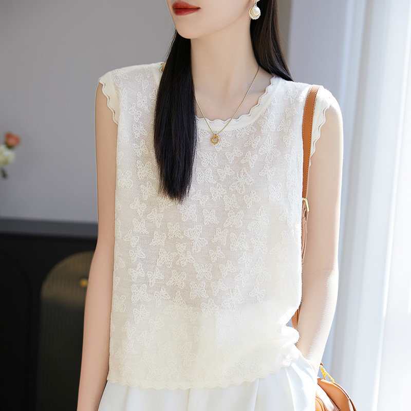 小香风圆领花边洋气吊带背心提花镂空蕾丝无袖t恤上衣内搭打底衫