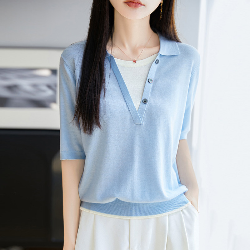 polo针织衫女夏撞色拼接短袖上衣