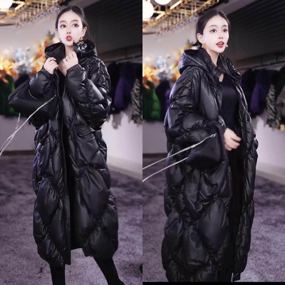 黑色绒羽绒服女秋冬季韩版连帽宽松过膝2025新款加厚保暖长款外套