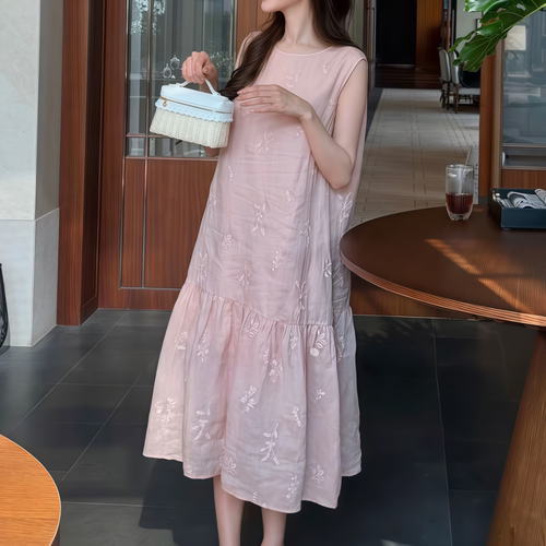 刺绣无袖百搭连衣裙女A字长裙