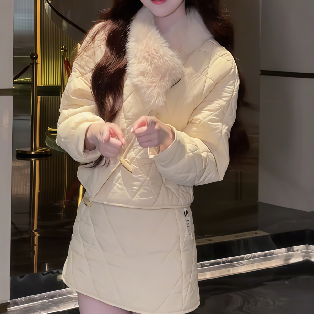 米白色毛领棉服外套半身裙套装女