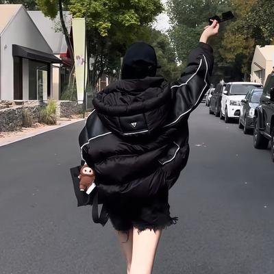 黑色连帽立领短款羽绒服外套女款