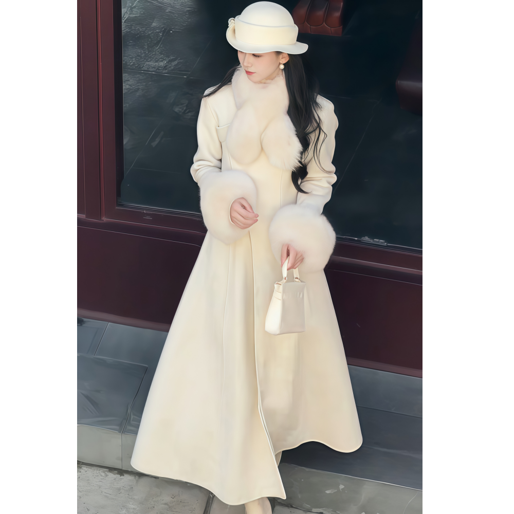 长款米白色收腰毛毛袖毛呢外套女