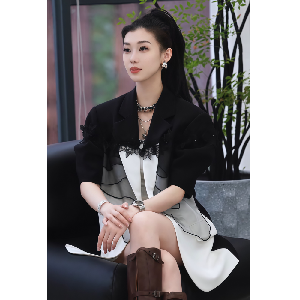 蕾丝拼接网纱休闲短袖西装上衣