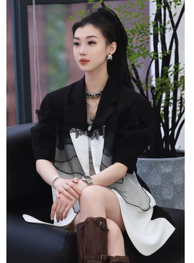蕾丝拼接网纱休闲短袖西装上衣