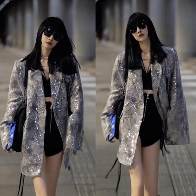 收割机灰色亮片西装中长款女