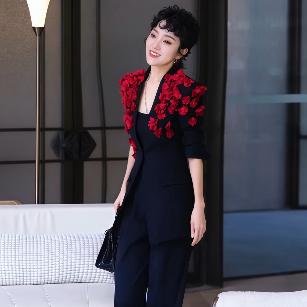 2026年春季新款韩系轻熟风超好看黑色立体花西装外套直筒裤套装女