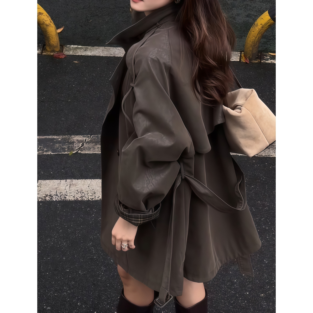 中长款深咖色系带排扣风衣外套女