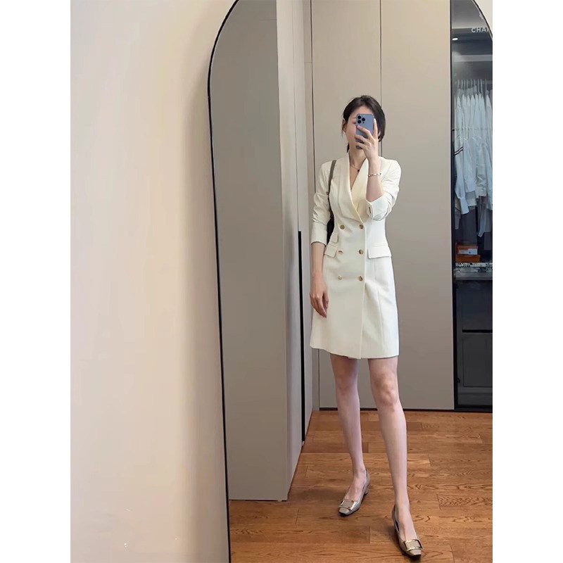春夏秋新款白色修身气质长袖职业通勤中长纯色西装裙外套连衣裙女