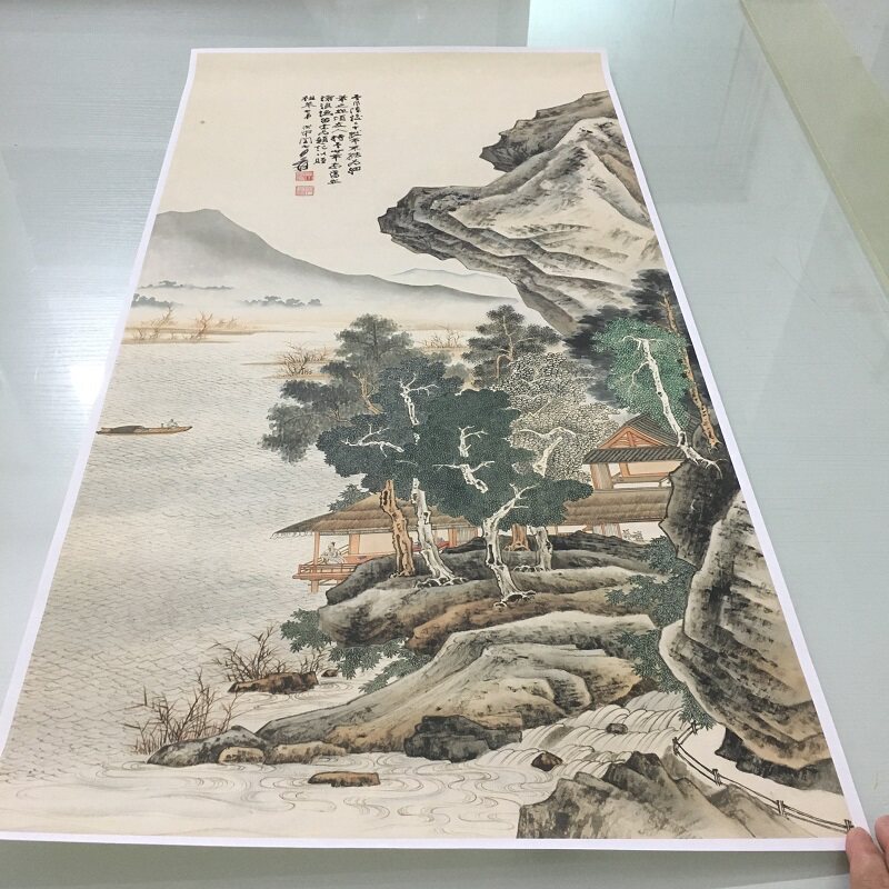 1:1张大千沧浪渔笛图仿古青绿工笔山水国画高清微喷复制品装饰画