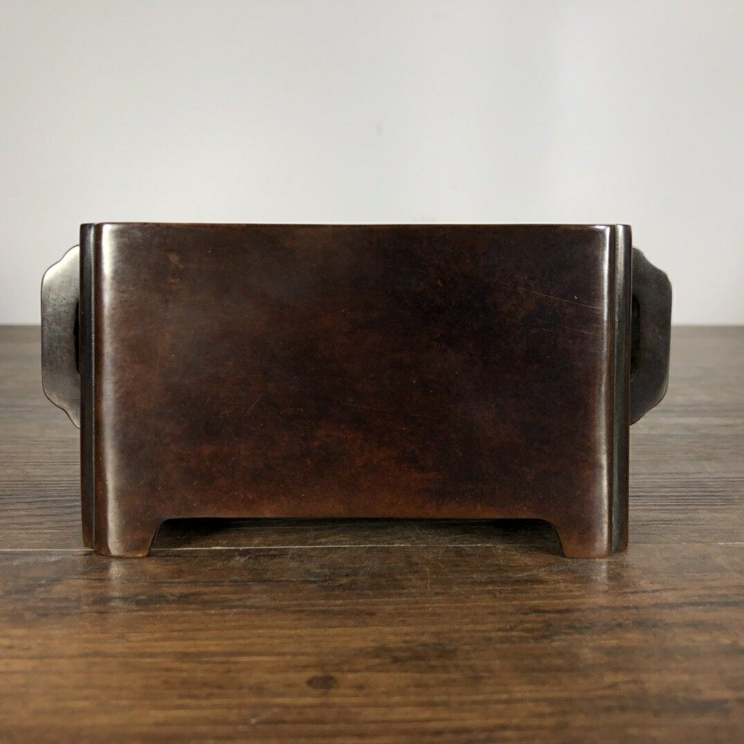 老件旧藏纯紫铜大明宣德年制横幅款吉祥如意双耳马槽炉摆件