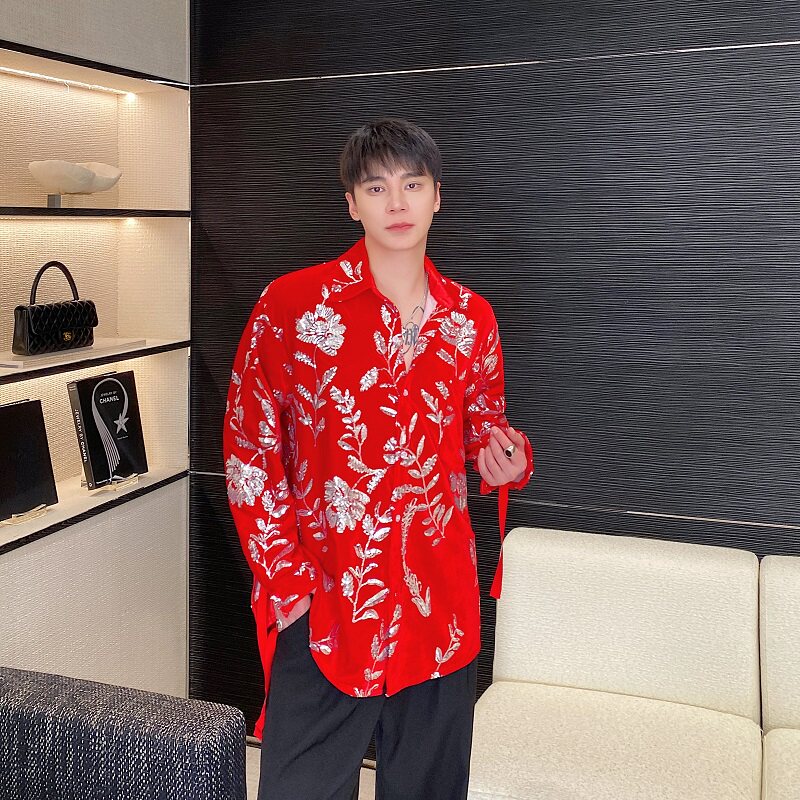 春季丝绒绣片翻领绑带设计长袖衬衣个性舞台装亮片表演服3565P115图片