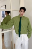 春季原创机能制服风撞色领带复古宽松长袖衬衣A261-3910-P65，男装衬衫，电商A246