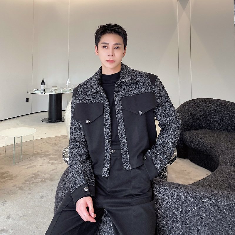 秋冬加厚毛呢撞色短款翻领外套潮流直筒长裤韩版两件套3518P225，女装短外套，电商A246