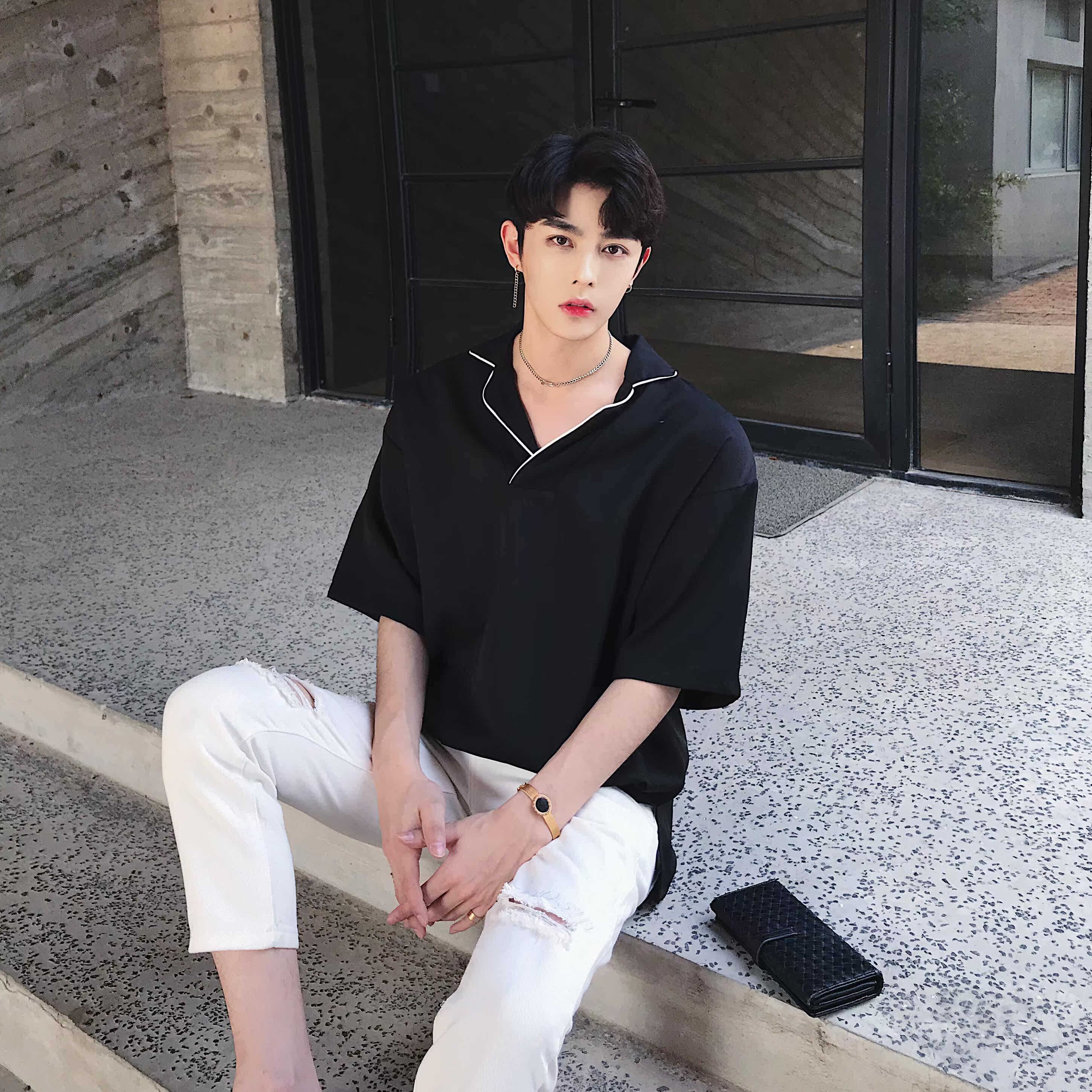 夏季慵懒睡衣风撞色翻领套头衬衣A261-551-P55，男装T恤，电商A246