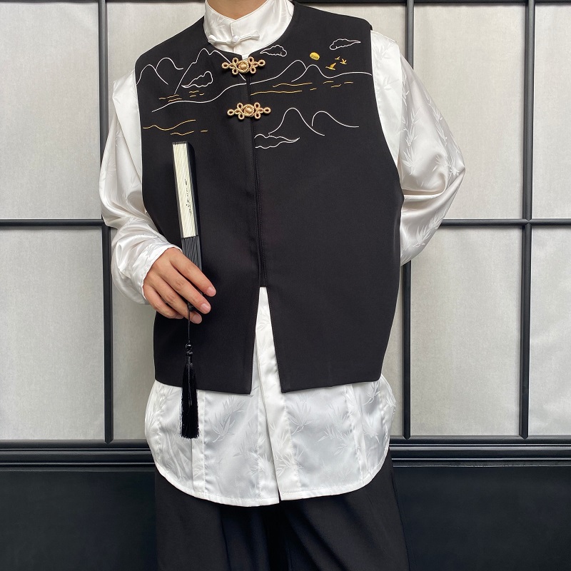 秋季新中式山水刺绣圆领金属盘扣马甲复古风禅意背心2605P105，男装背心/马甲，电商A246