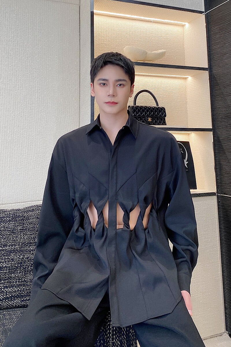春季暗黑系个性漏洞设计款男女长袖翻领衬衣简约纯色衬衫5138P95,男装衬衫,电商A246