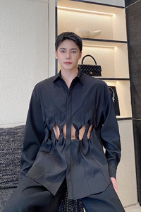 春季暗黑系个性漏洞设计款男女长袖翻领衬衣简约纯色衬衫5138P95图片